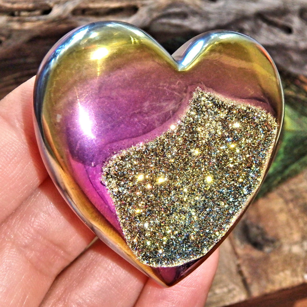 Brilliant Druzy Sparkle Rainbow Titanium Quartz & Agate Geode Heart Carving - Earth Family Crystals