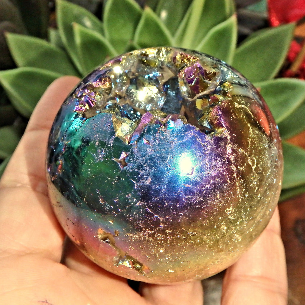 Deep Druzy Caves Rainbow Glow Titanium Quartz Geode Sphere From Brazil - Earth Family Crystals