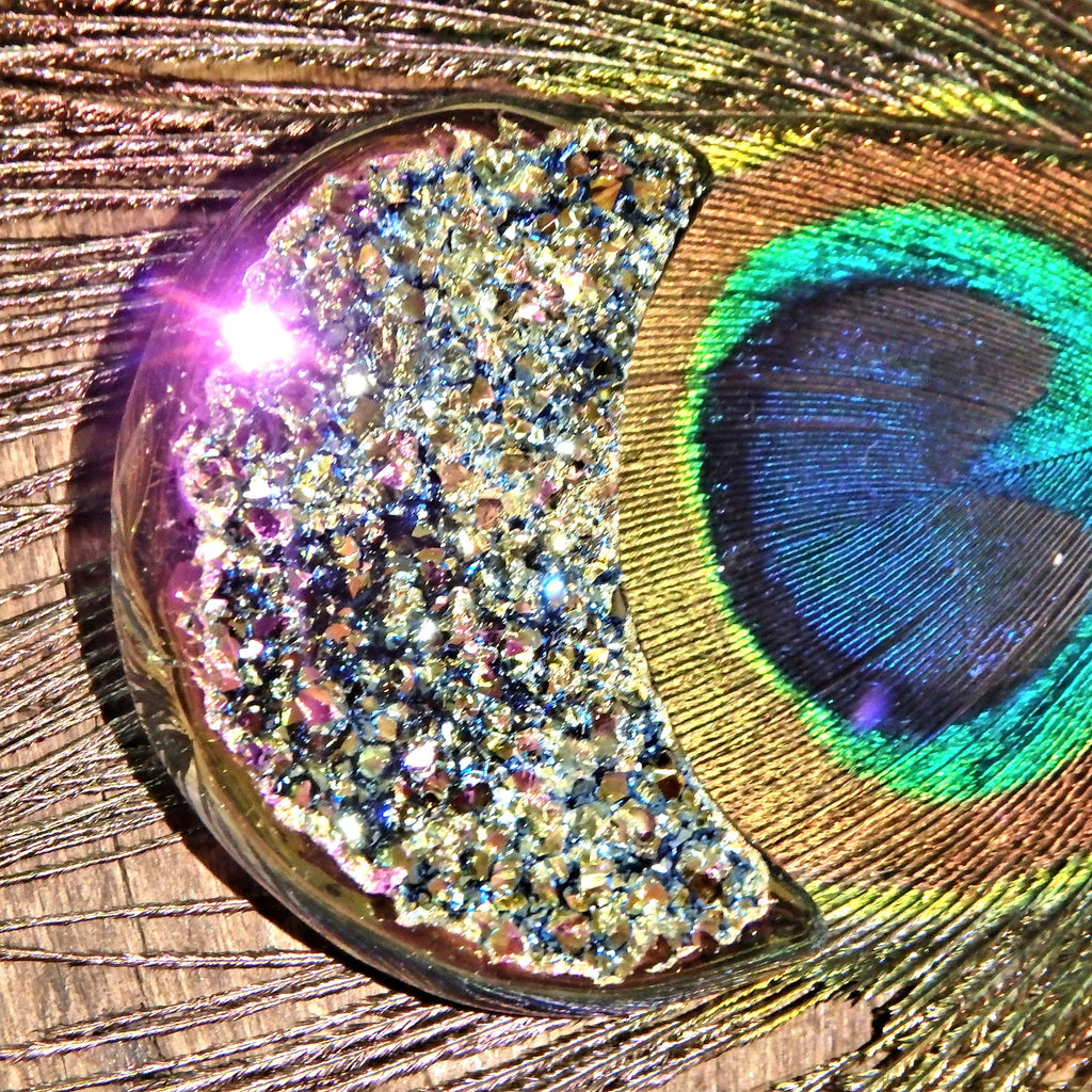 Adorable Druzy Sparkle Rainbow Titanium  Quartz & Agate Geode Crescent Moon Carving - Earth Family Crystals