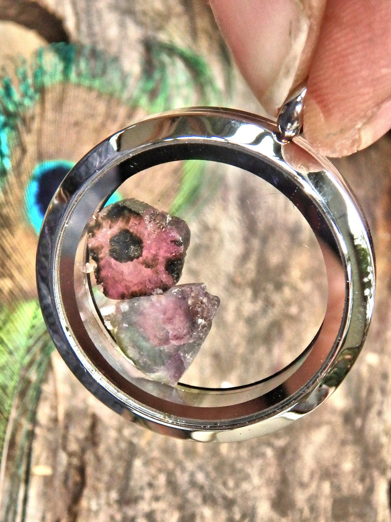 Floating Pink & Blue Tourmaline Slices in Locket Style Stainless Steel Pendant (Includes Silver Chain) - Earth Family Crystals