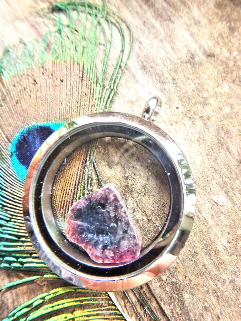 Gorgeous Blue & Pink Tourmaline Slice Floating in Locket Style Stainless Steel Pendant (Includes Silver Chain) - Earth Family Crystals
