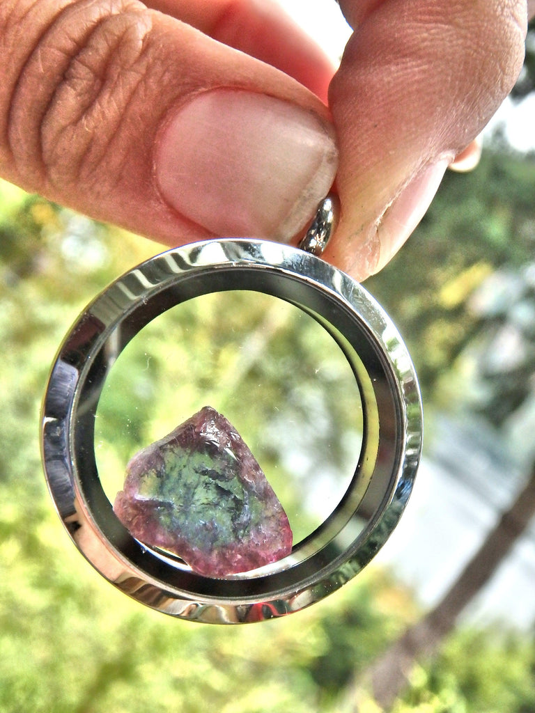 Gorgeous Blue & Pink Tourmaline Slice Floating in Locket Style Stainless Steel Pendant (Includes Silver Chain) - Earth Family Crystals