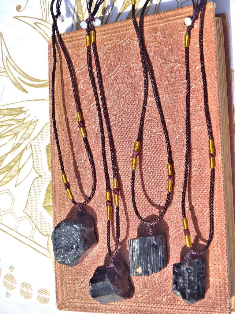 Protective Chunky Raw Black Tourmaline Stone on Adjustable Cord Necklace - Earth Family Crystals