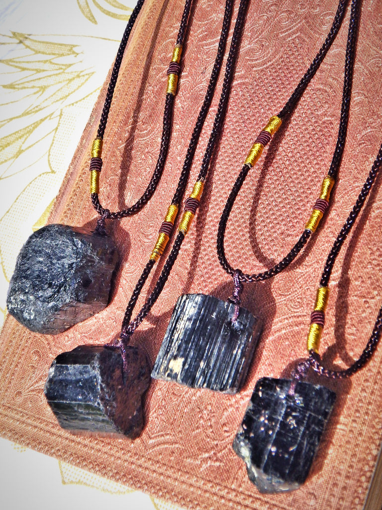 Protective Chunky Raw Black Tourmaline Stone on Adjustable Cord Necklace - Earth Family Crystals
