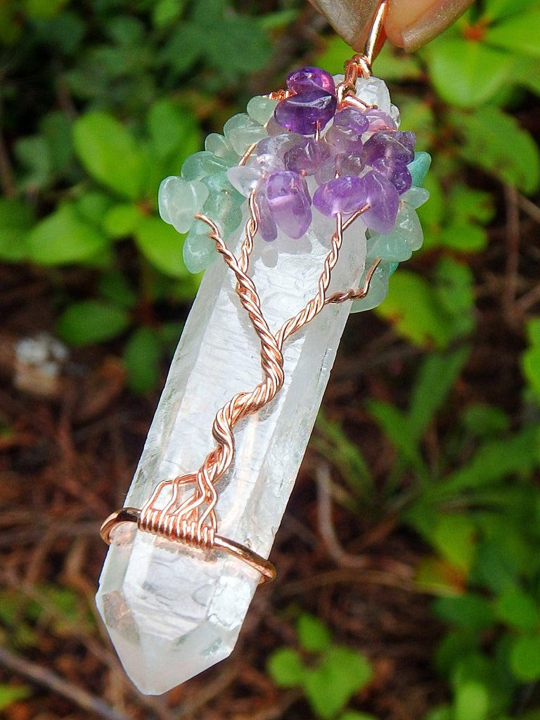 Tree of Life Wire Wrapped Clear Quartz Point With Amethyst & Aventurine Pendant - Earth Family Crystals