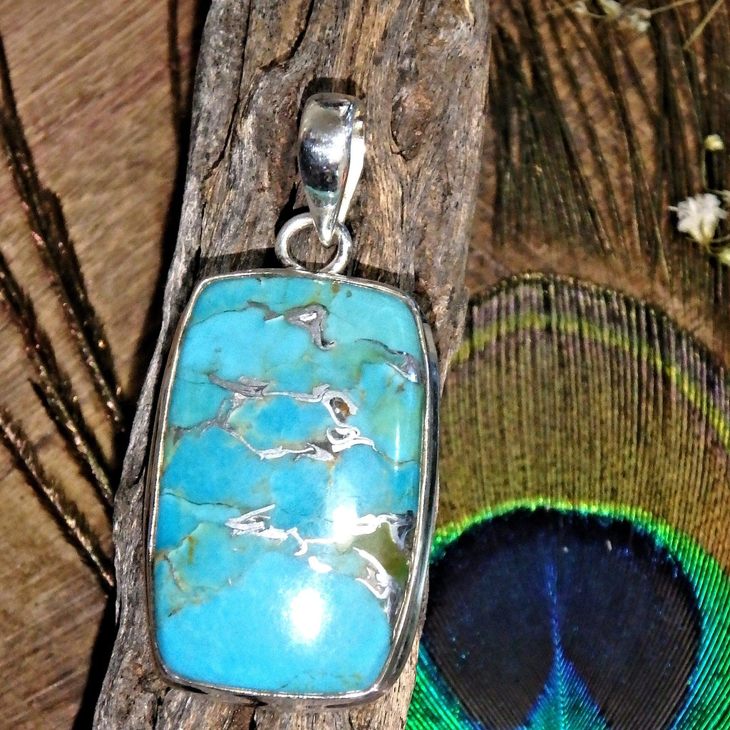 Gorgeous Vibrant Blue Turquoise & Genuine Silver Veins Gemstone Pendant in Sterling Silver (Includes Silver Chain) 1 - Earth Family Crystals