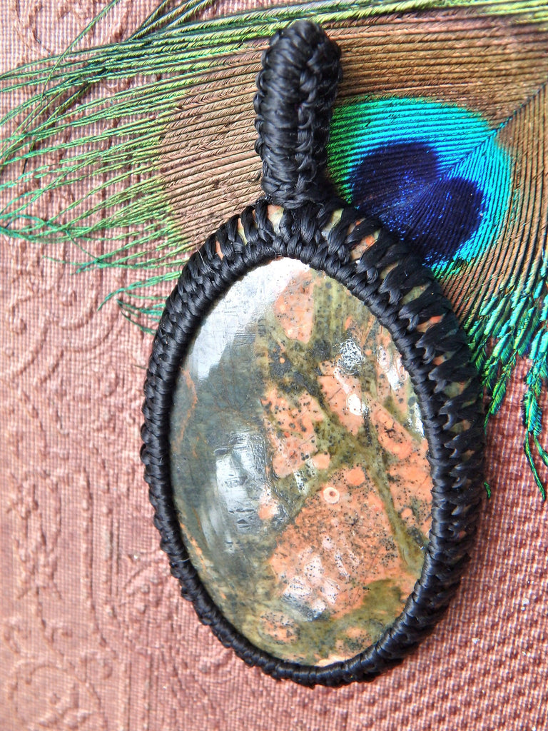 Salmon Pink & Forest Green Unakite  Macrame Wrapped Pendant - Earth Family Crystals