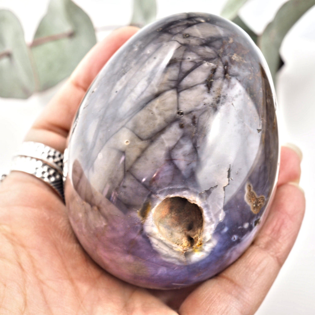 Stunning Violet Flame Agate Egg Carving with Large Natural Cave From Madagascar - Earth Family Crystals