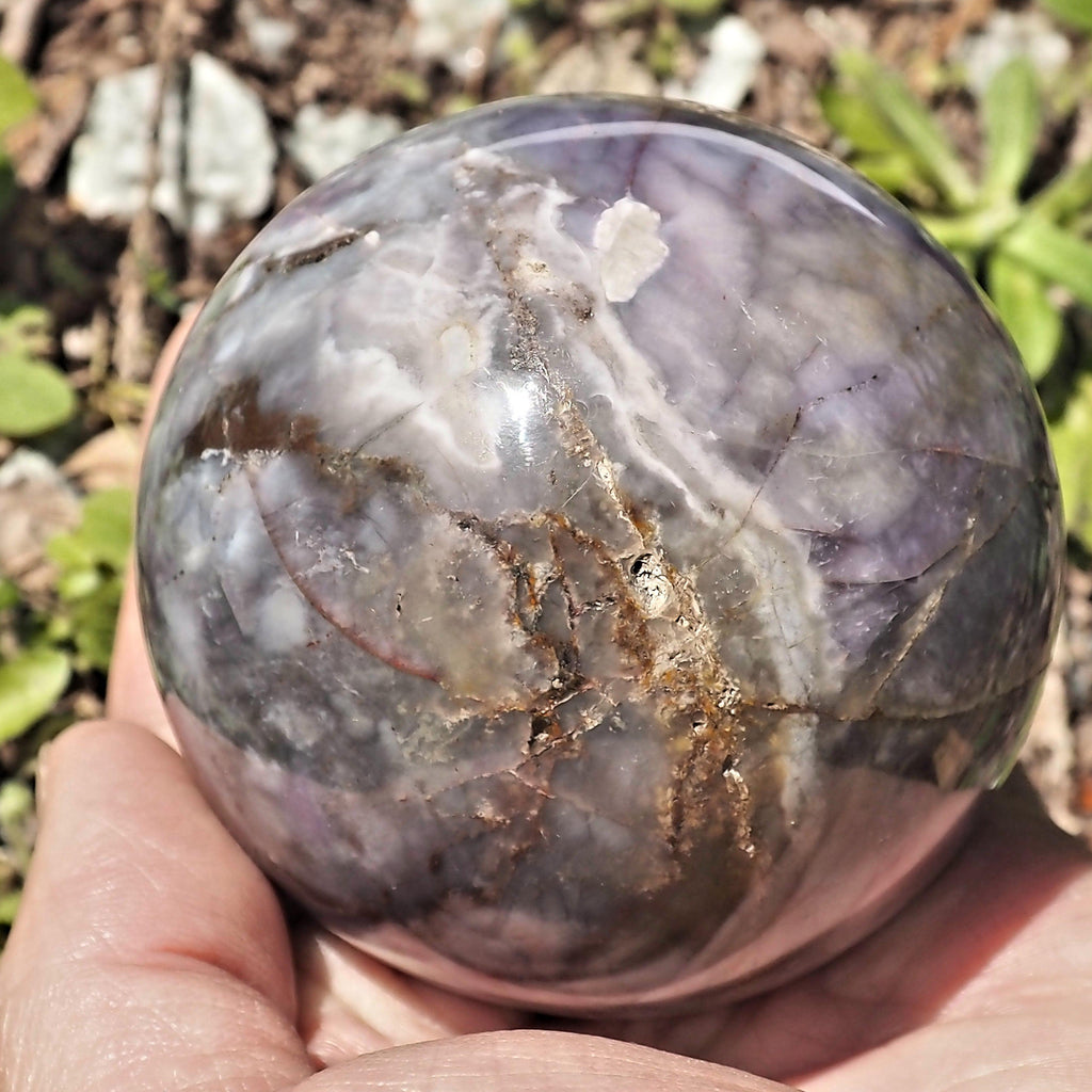 Fabulous Color Contrast XL Violet Flame Agate Sphere Carving From Madagascar - Earth Family Crystals