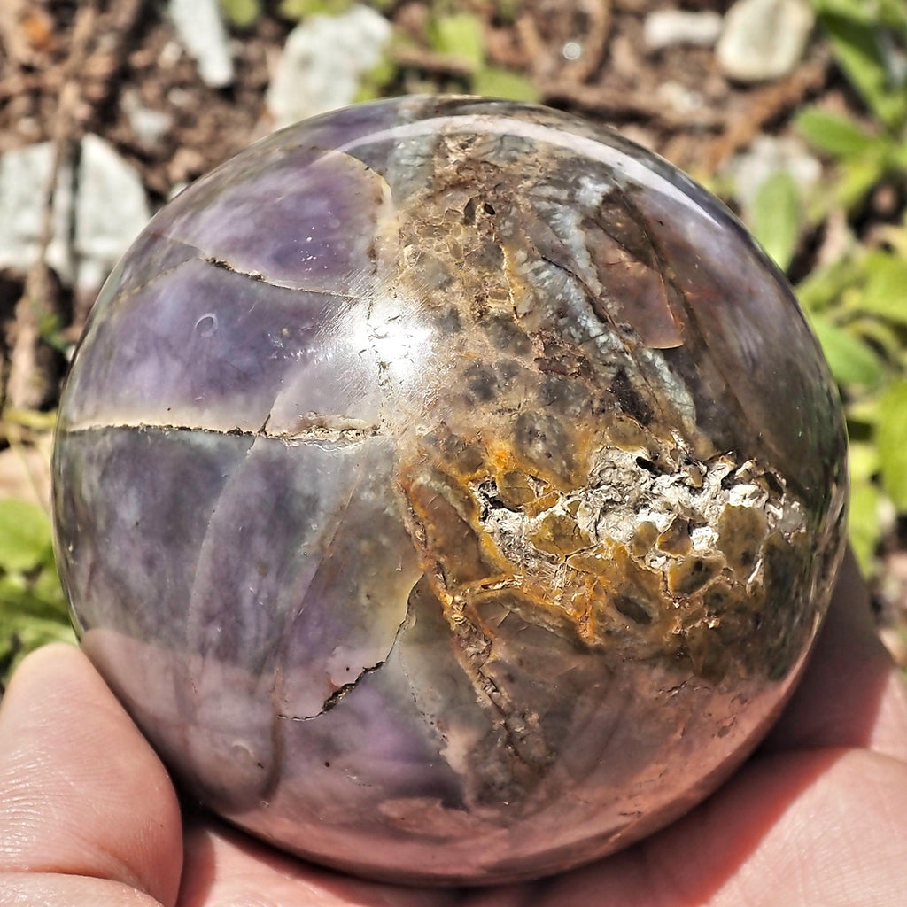 Fabulous Color Contrast XL Violet Flame Agate Sphere Carving From Madagascar - Earth Family Crystals