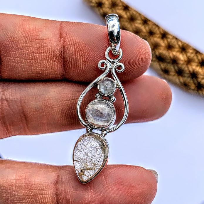 Golden Rutilated Quartz & Rainbow Moonstone Pendant in Sterling Silver (Includes Silver Chain) #2 - Earth Family Crystals