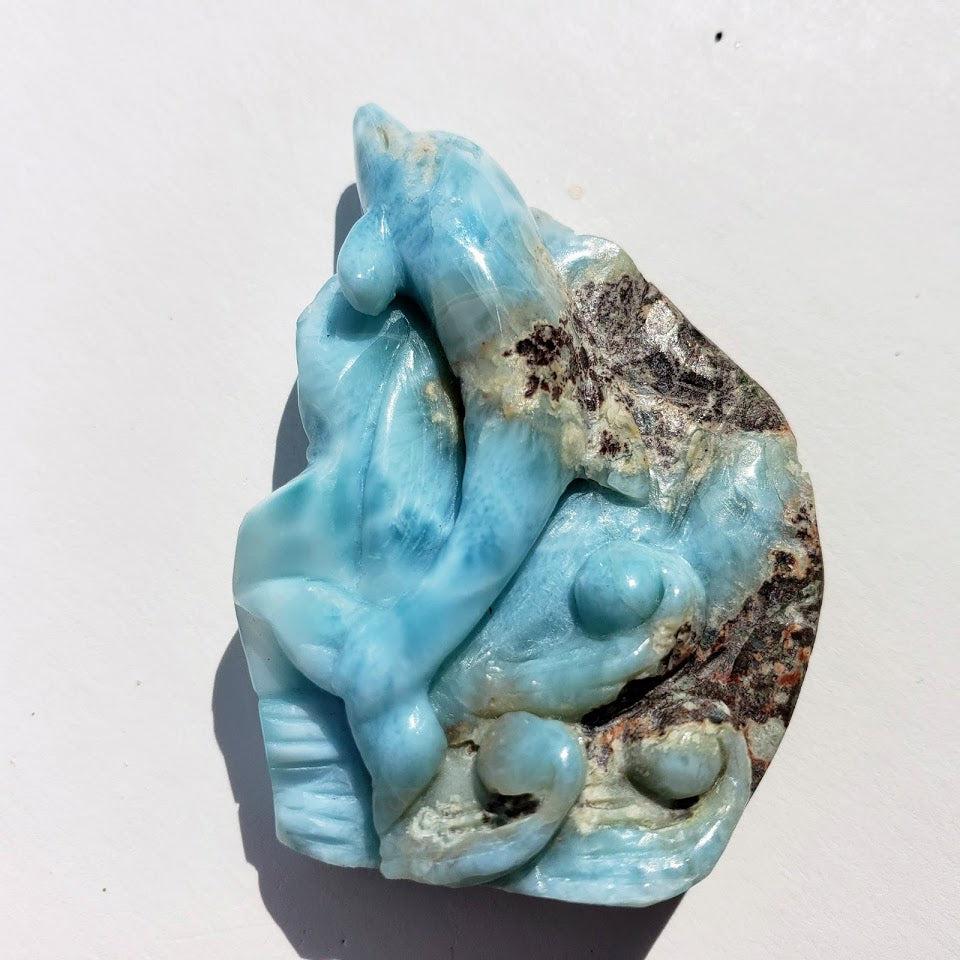 Extremely Gorgeous & High Quality Artisan Crafted Larimar Dolphin Standing Display Carving - Earth Family Crystals