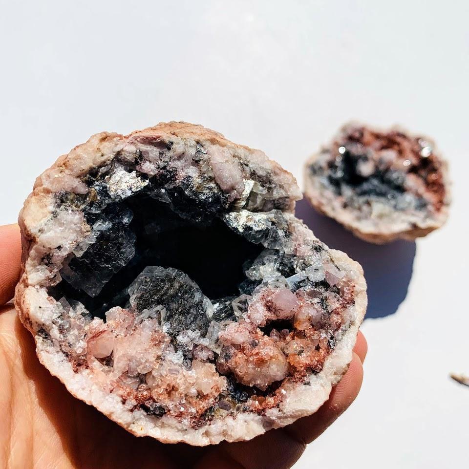 Complete Geode Set of 2 Matching Halves~Pink Amethyst With Black & Clear Calcite Inclusions From Patagonia - Earth Family Crystals