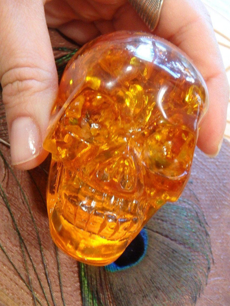 Brilliant Orange Reconstituted Amber Skull Carving 1 - Earth Family Crystals