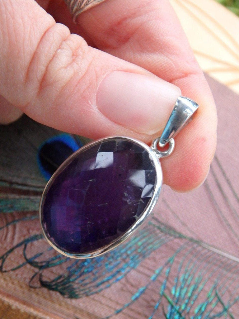 Deep Dark Purple Faceted Amethyst Gemstone Pendant In Sterling Silver (Includes Silver Chain) - Earth Family Crystals