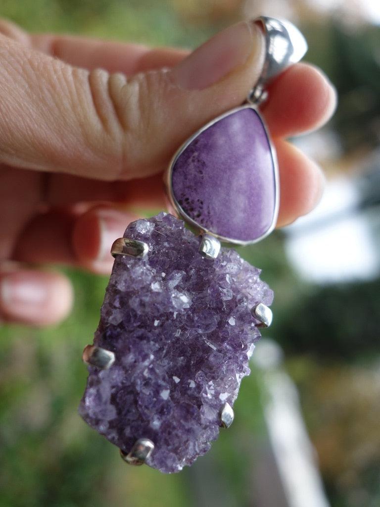Reserved For Danielle Intriguing Custom Crafted Druzy Amethyst & Stichtite Gemstone Pendant In Sterling Silver (Includes Silver Chain) - Earth Family Crystals