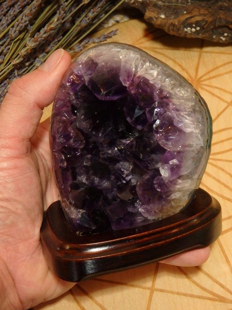 Lovely Deep Purple Large Points Uruguay Amethyst Geode On Removable Wood Stand - Earth Family Crystals