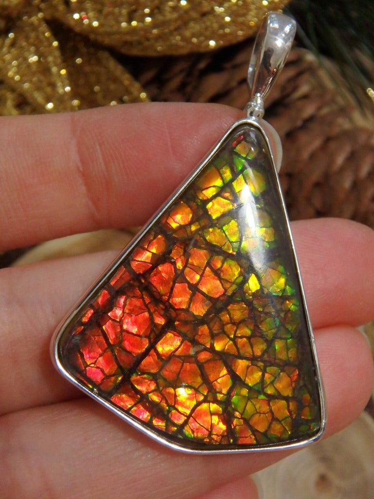 Gorgeous Flashes Large Ammolite Free Form Pendant in Sterling Silver (Includes Silver Chain) - Earth Family Crystals