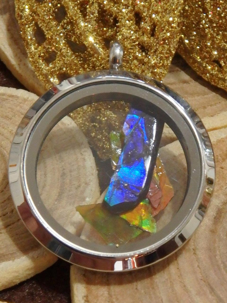 Lovely Floating Rainbow Ammolite Chips in Locket Style Stainless Steel Pendant (Includes Silver Chain) - Earth Family Crystals