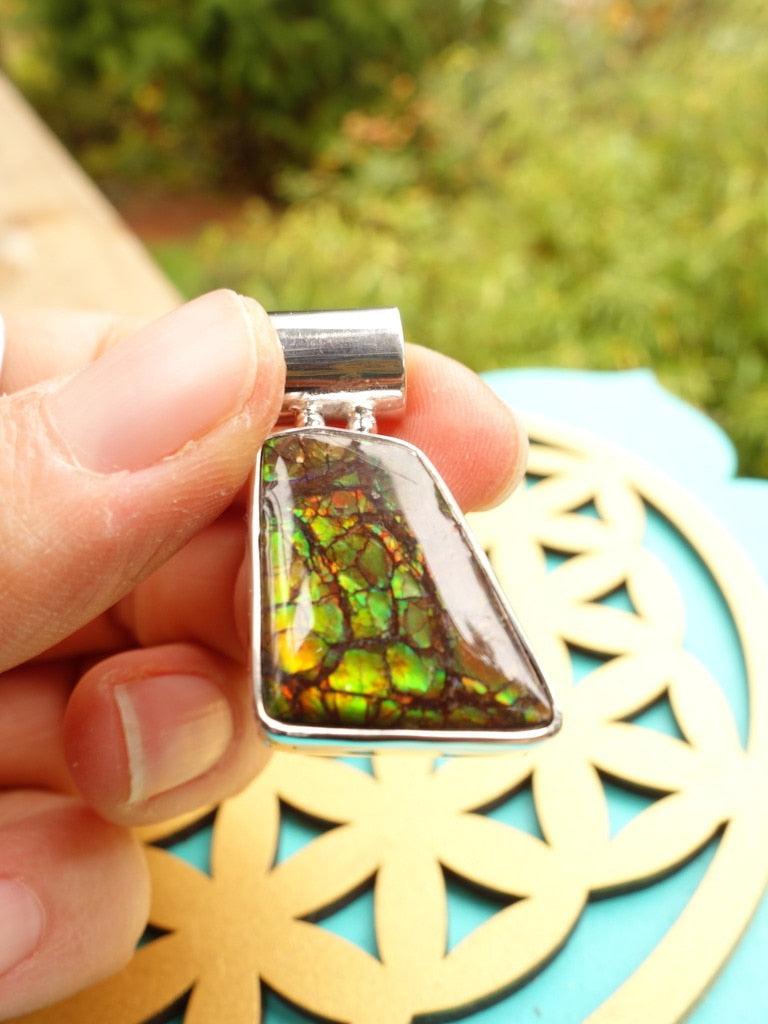 Pretty Green & Orange Sparkle Alberta Ammolite Pendant In Sterling Silver (Includes Silver Chain) - Earth Family Crystals