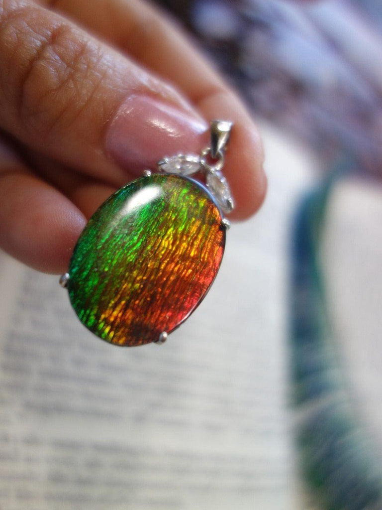 AA Grade Quartz Capped  Alberta Ammolite Pendant With Faceted Quartz Accent Stones  In Sterling Silver (Includes Silver Chain) - Earth Family Crystals
