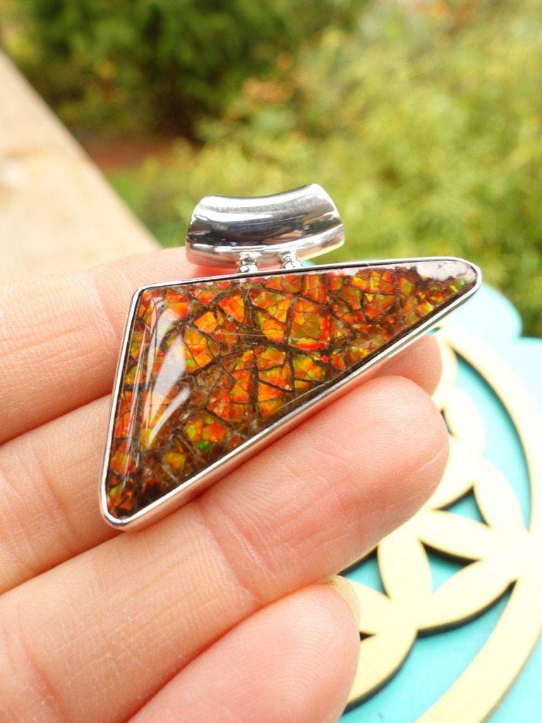 Cool Design~ Orange & Red Sparkle Alberta Ammolite Pendant In Sterling Silver (Includes Silver Chain) *(REDUCED) - Earth Family Crystals
