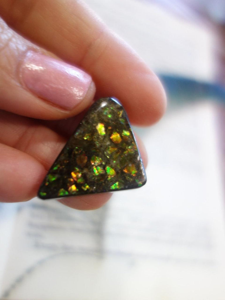 Sparkling Green and Orange Alberta Ammolite Cabochon - Earth Family Crystals
