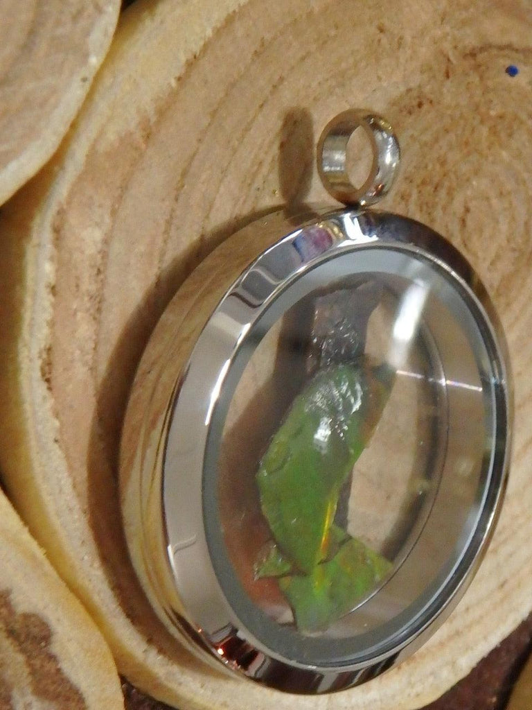 Lovely Floating Rainbow Ammolite Chips in Locket Style Stainless Steel Pendant (Includes Silver Chain) - Earth Family Crystals