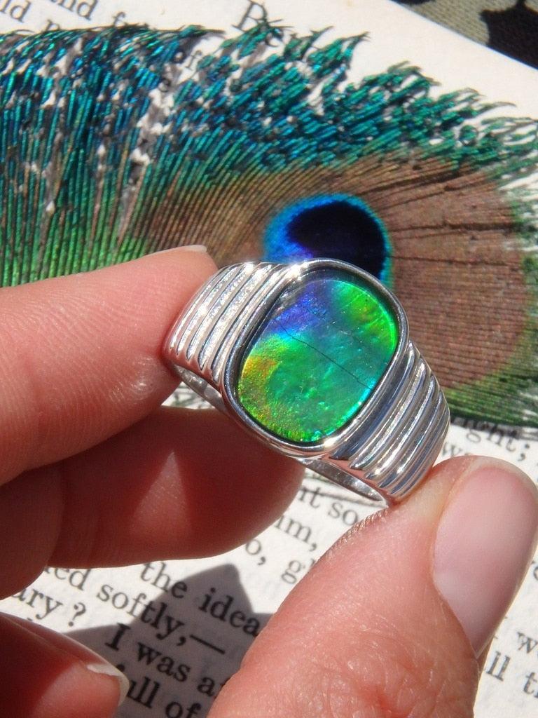 High Grade Brilliant Green, Blue & Golden Alberta Ammolite Gemstone Ring In Sterling Silver (Size 10.5) - Earth Family Crystals