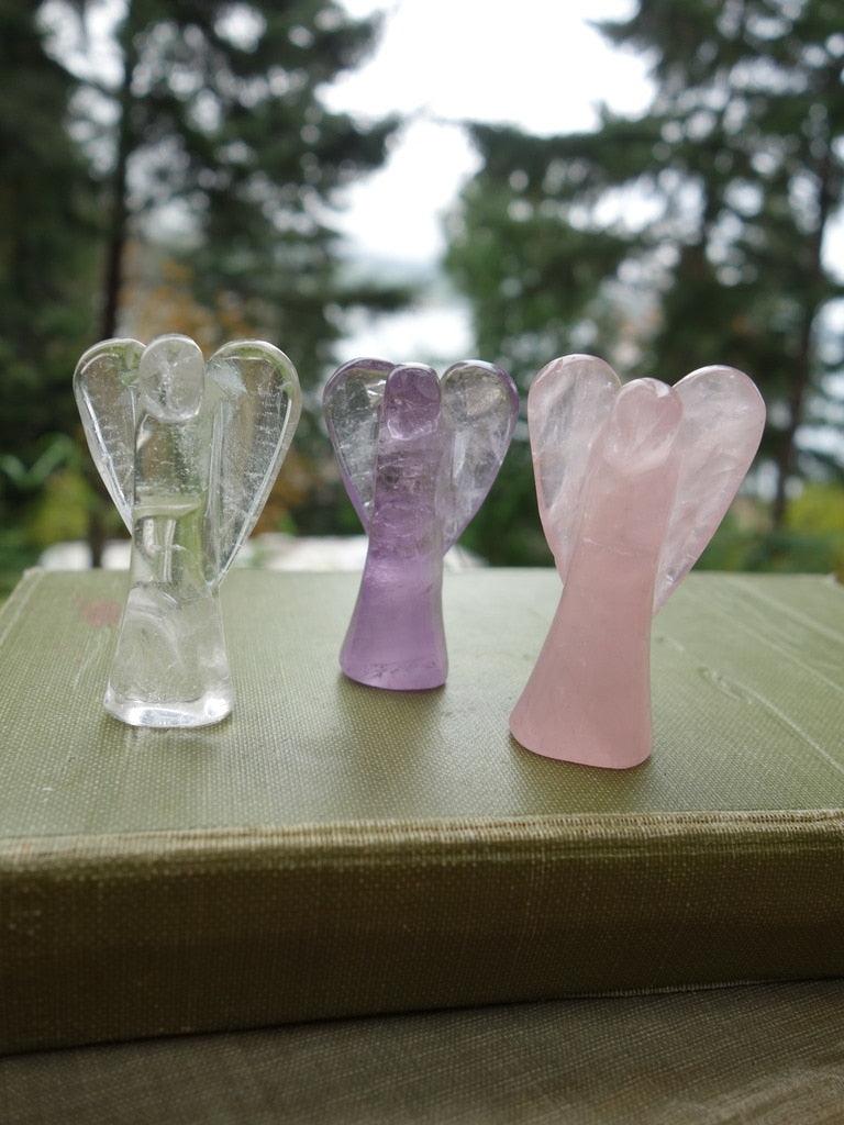 Triple Angel Set~ Rose Quartz, Clear Quartz & Amethyst Angel Carvings - Earth Family Crystals