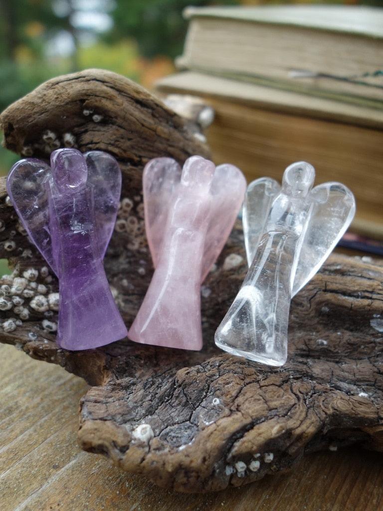Triple Angel Set~ Rose Quartz, Clear Quartz & Amethyst Angel Carvings - Earth Family Crystals
