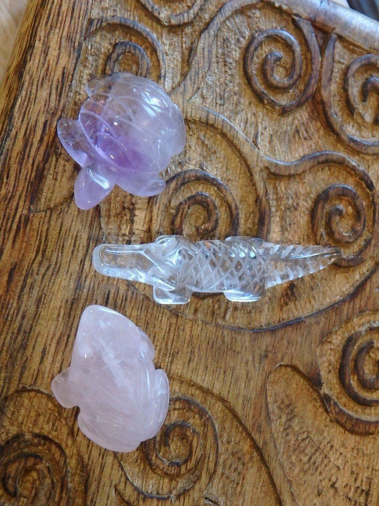 Animal Set of 3~Amethyst Turtle, Rose Quartz Frog & Clear Quartz Crocodile Small Carvings - Earth Family Crystals