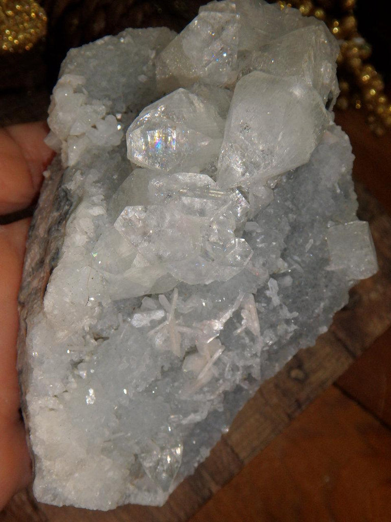 Large Shimmering Clear Apophyllite & Quartz With Dusting of Pink Stilbite Specimen - Earth Family Crystals