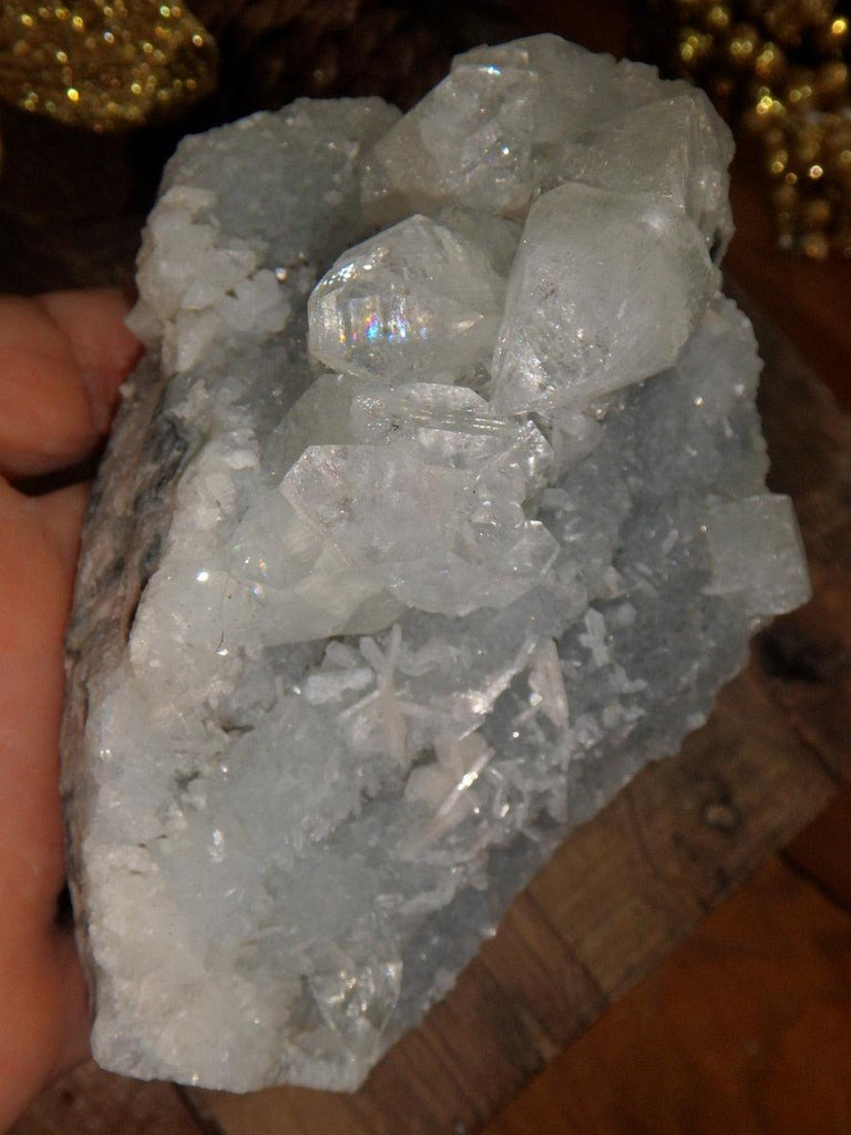 Large Shimmering Clear Apophyllite & Quartz With Dusting of Pink Stilbite Specimen - Earth Family Crystals
