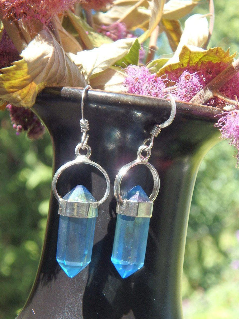 Brilliant DT Aqua Aura Quartz Point  Earrings in Sterling Silver - Earth Family Crystals