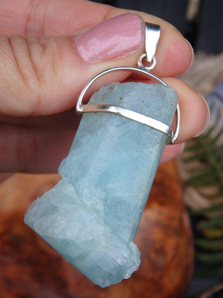 Chunky Soothing Sea Blue Raw Aquamarine Pendant In Sterling Silver  (Includes Silver Chain) - Earth Family Crystals