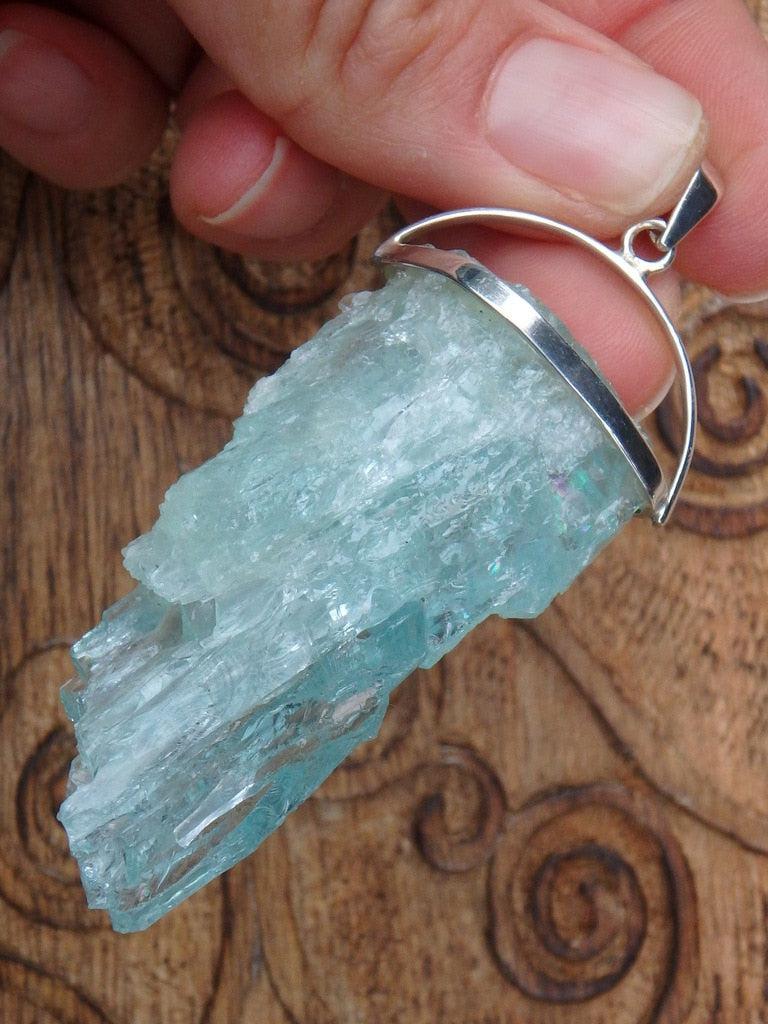 Extremely Chunky & Raw Gemmy Blue Aquamarine Pendant In Sterling Silver (Includes Silver Chain) - Earth Family Crystals