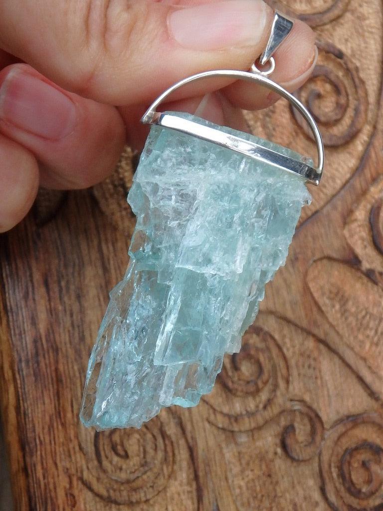 Extremely Chunky & Raw Gemmy Blue Aquamarine Pendant In Sterling Silver (Includes Silver Chain) - Earth Family Crystals