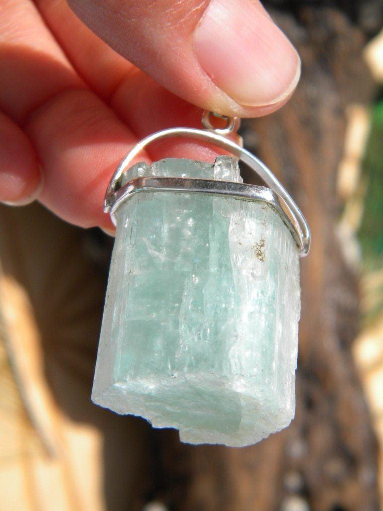 Chunky Blue-Green Raw Aquamarine Pendant In Sterling Silver (Includes Silver Chain) - Earth Family Crystals