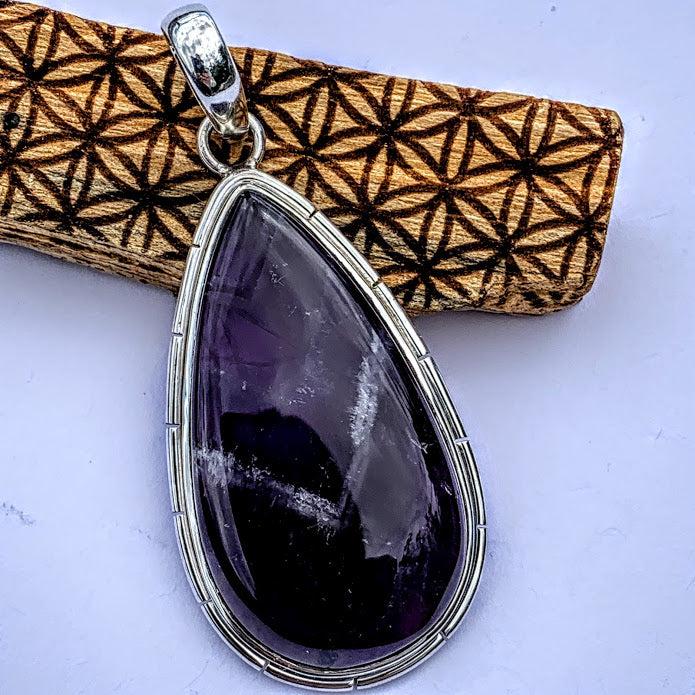 Large Deep Purple Chevron Amethyst  Pendant in Sterling Silver (Includes Silver Chain) #1 - Earth Family Crystals