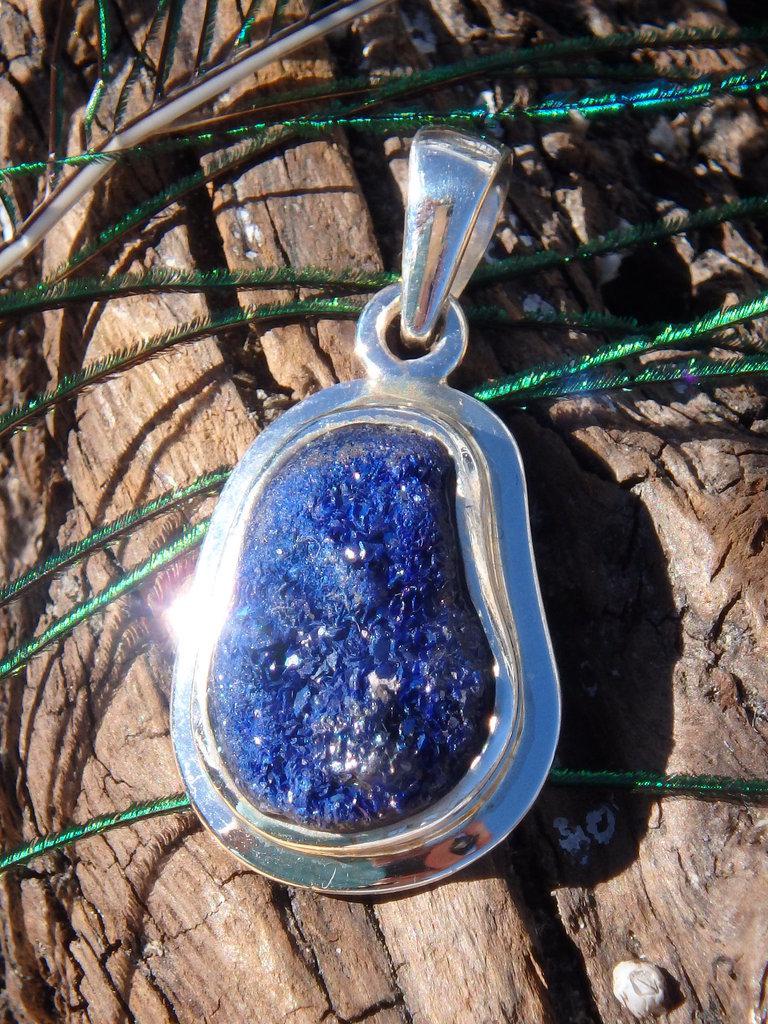 Raw Dark Blue Druzy Azurite Gemstone Pendant In Sterling Silver (Includes Silver Chain) - Earth Family Crystals