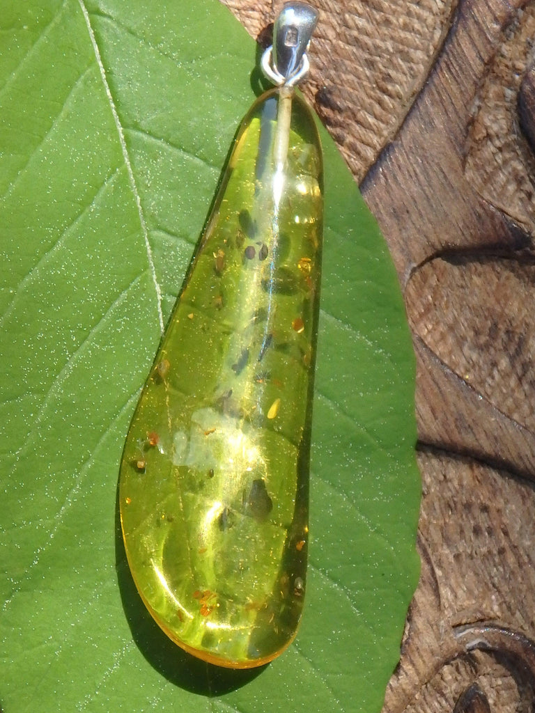 Long Lemon Lithuanian Amber Free Form Pendant Pendant In Sterling Silver (Includes Silver Chain) - Earth Family Crystals