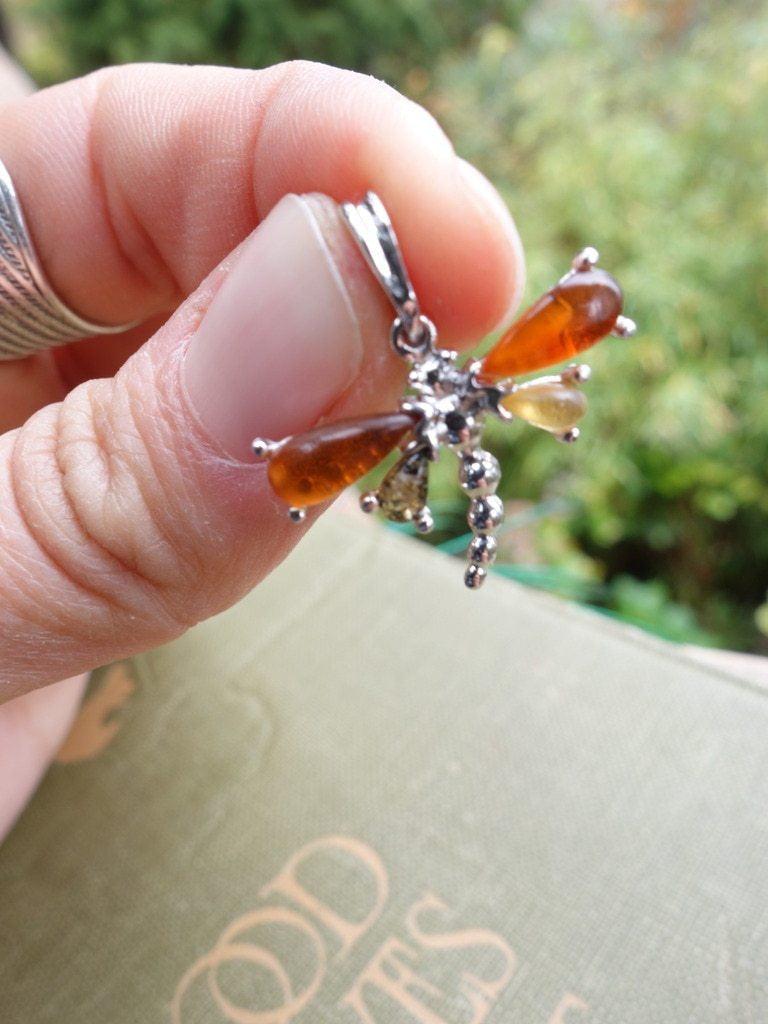 Cute Dragonfly Baltic Amber  Pendant In Sterling Silver (Includes Silver Chain) - Earth Family Crystals