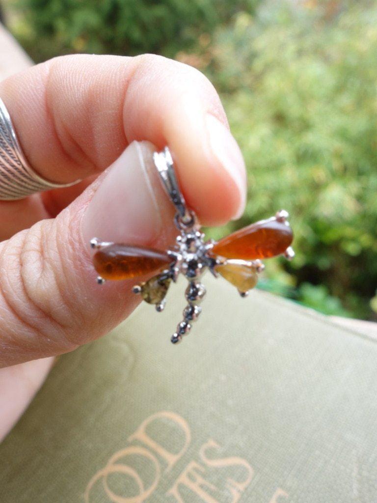 Cute Dragonfly Baltic Amber  Pendant In Sterling Silver (Includes Silver Chain) - Earth Family Crystals