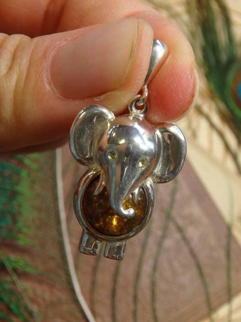 Adorable Baltic Amber Elephant Gemstone Pendant In Sterling Silver (Includes Free Silver Chain) 1 - Earth Family Crystals