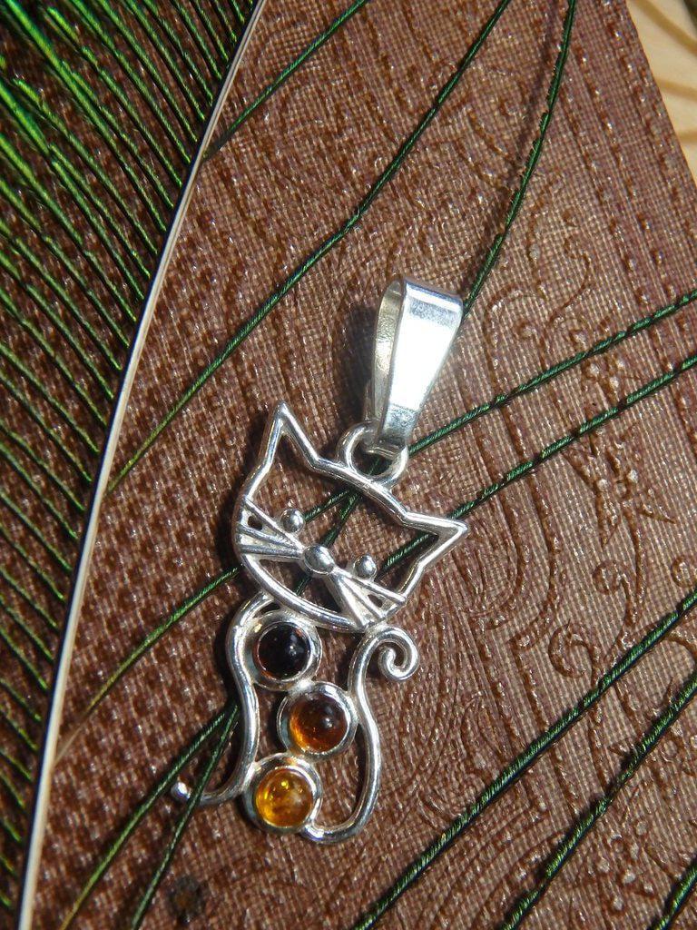 Adorable Baltic Amber Cat Gemstone Pendant In Sterling Silver (Includes Free Silver Chain) 1 - Earth Family Crystals