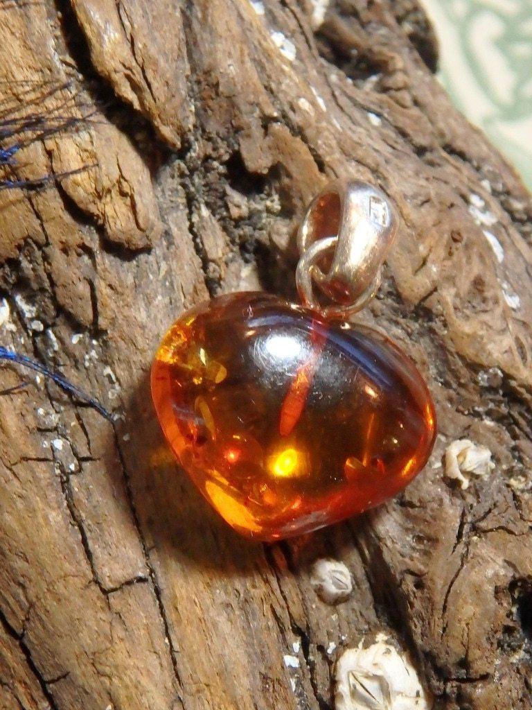 Cognac Baltic Amber Dainty Heart Pendant In Sterling Silver (Includes Silver Chain) - Earth Family Crystals
