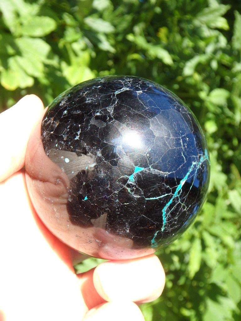 Mysterious Large  Black Tourmaline Sphere With Chrysocolla Inclusions - Earth Family Crystals