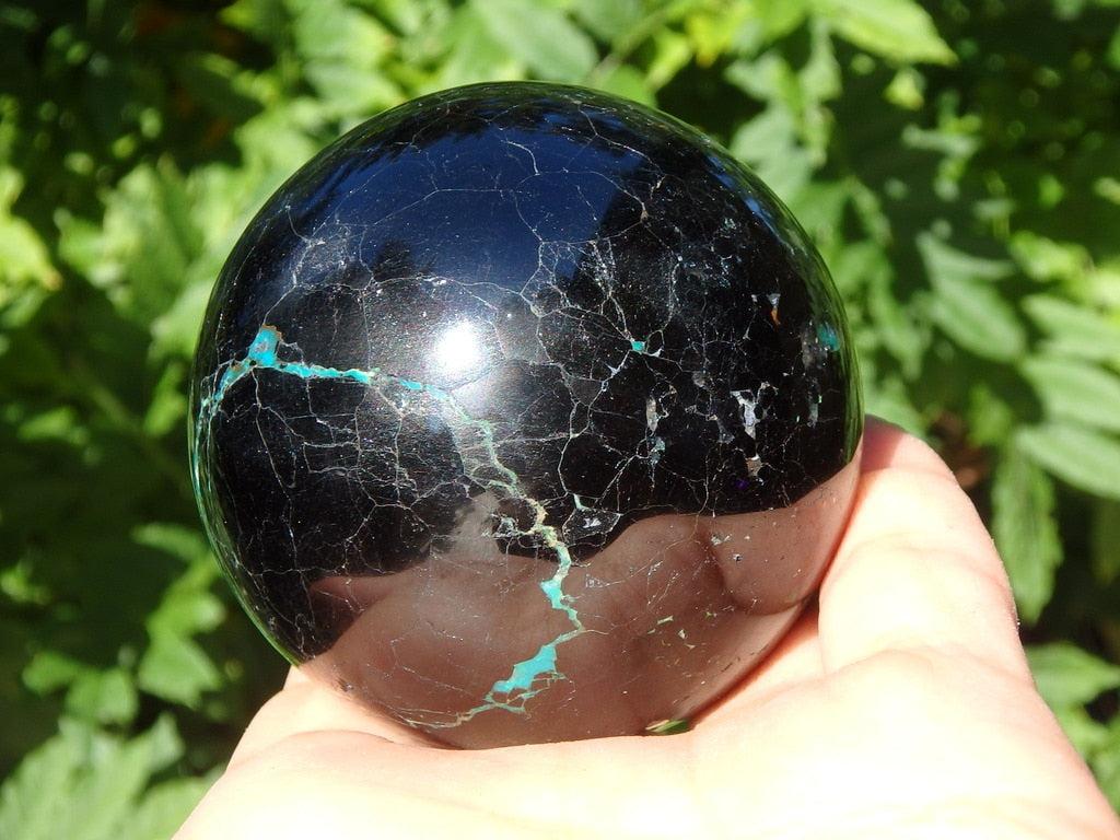 Mysterious Large  Black Tourmaline Sphere With Chrysocolla Inclusions - Earth Family Crystals