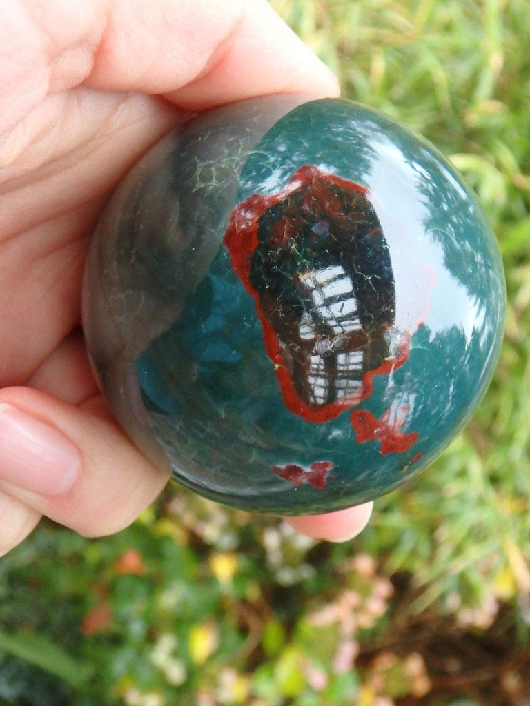 Forest Green & Bright Red Patterns Large Bloodstone Sphere Carving - Earth Family Crystals